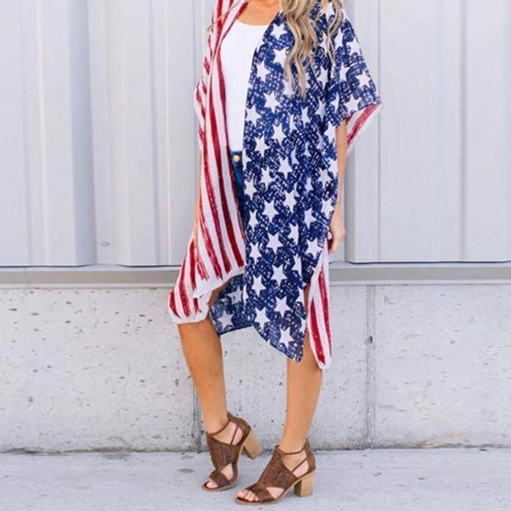 Kimono / shawl / cardigan red white & blue